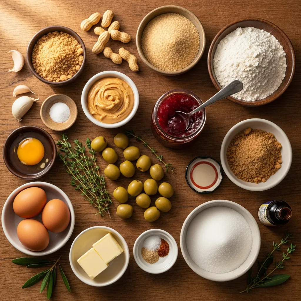 Ingredients for Peanut Butter & Jam Cookies with Olives & Thyme
