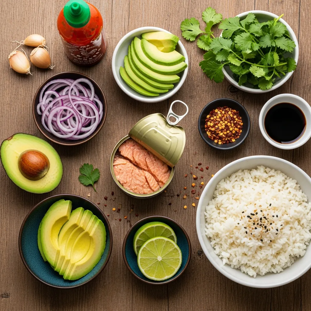 Ingredients for Quick Spicy Canned Salmon Rice Bowl