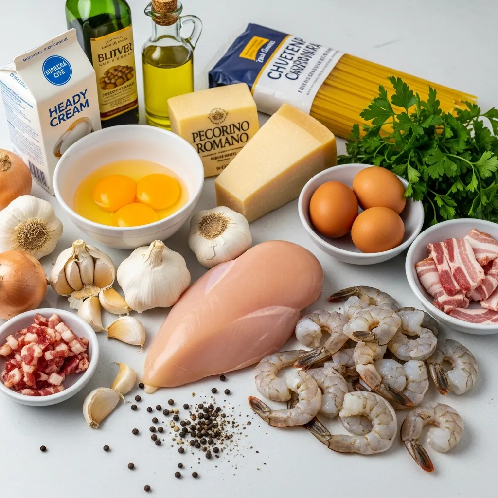 Ingredients for Olive Gardenâ€“Style Chicken and Shrimp Carbonara
