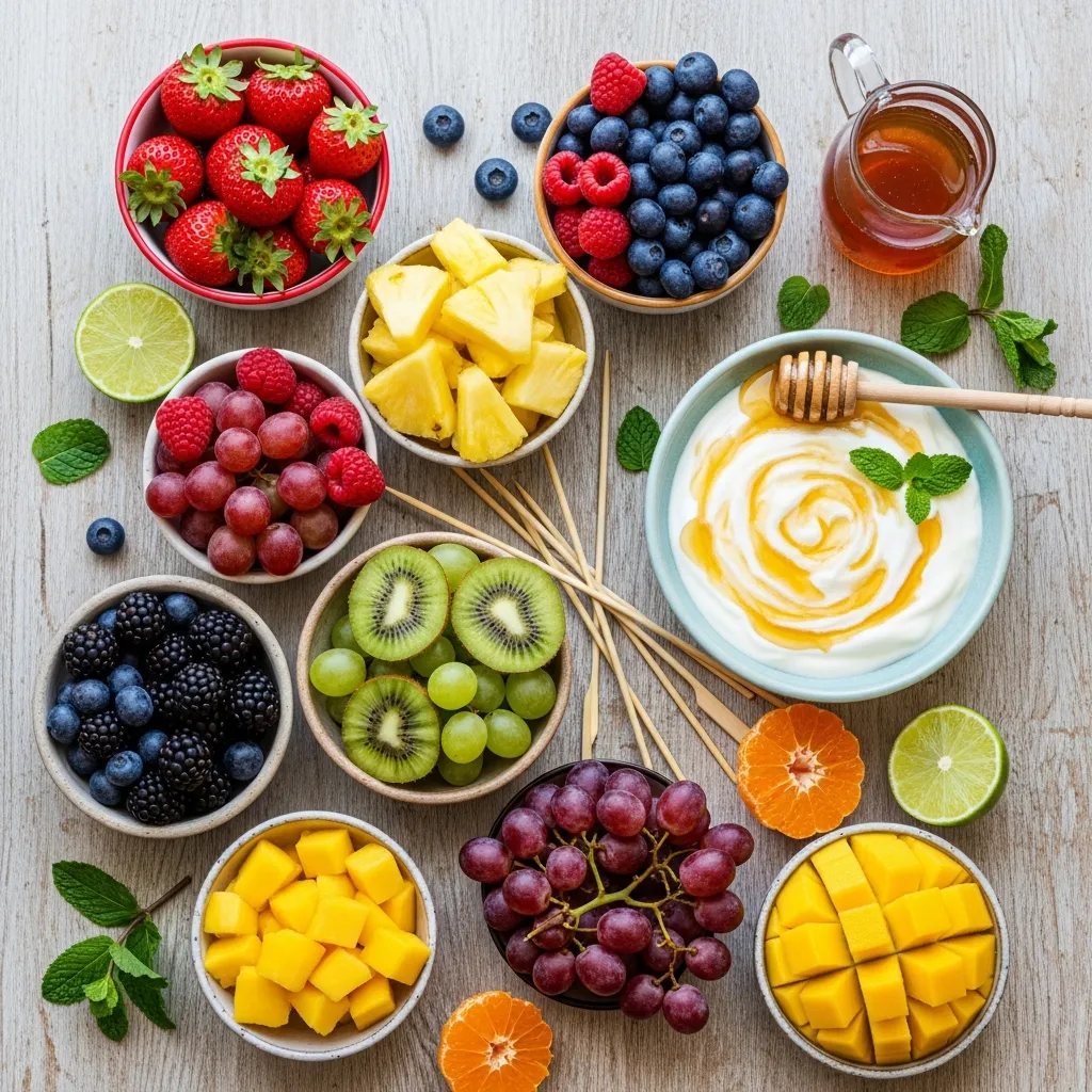 Ingredients for Rainbow Fruit Skewers with Honey Yogurt Dip