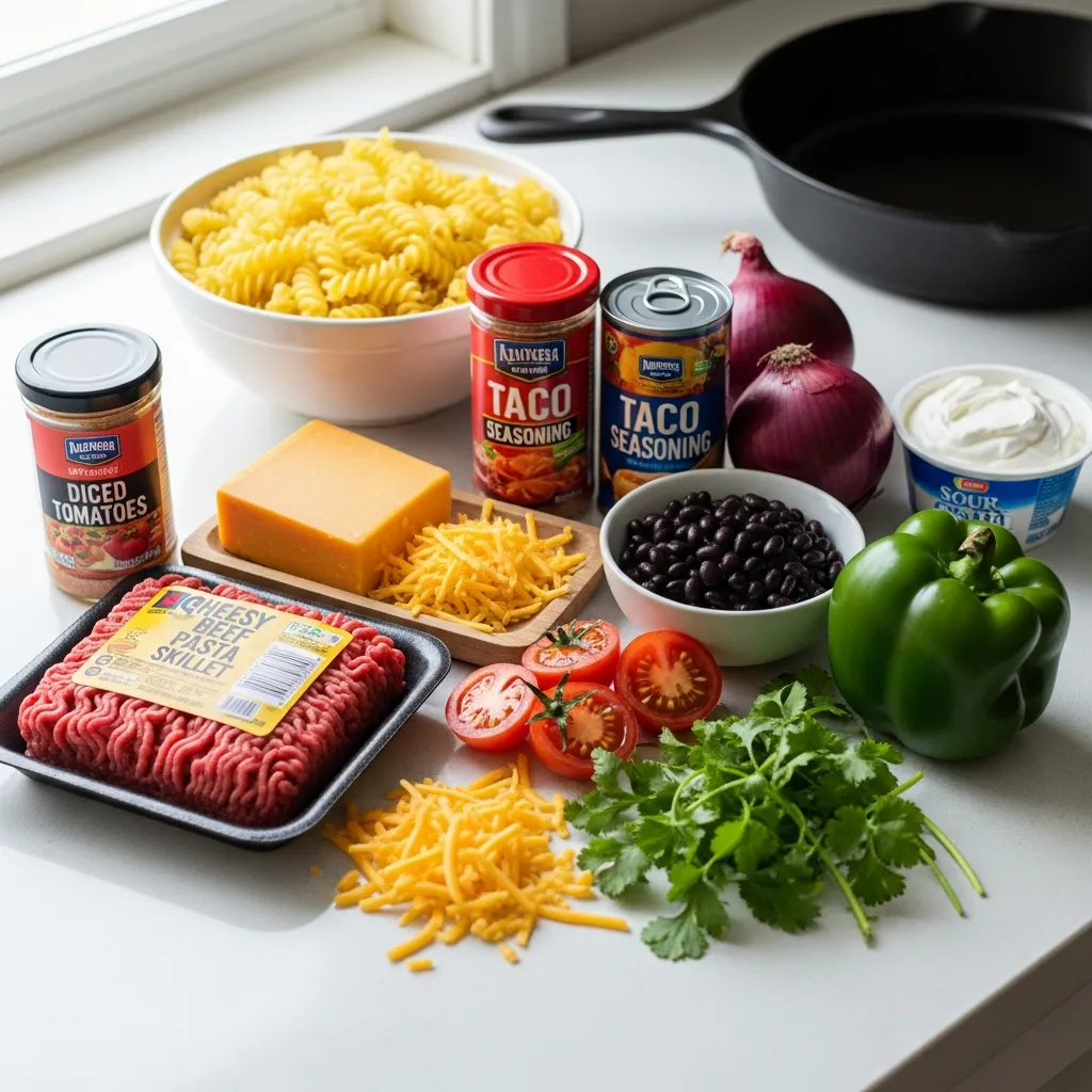Ingredients for Cheesy Beef Taco Pasta Skillet