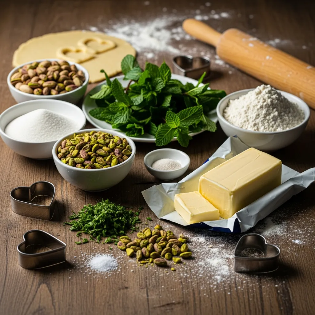 Ingredients for Pistachio & Mint Shortbread Hearts