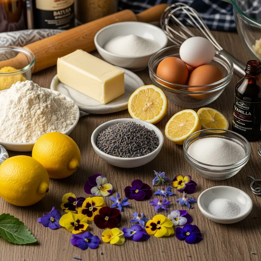 Ingredients for Lemon Lavender Shortbread Cookies with Edible Flowers