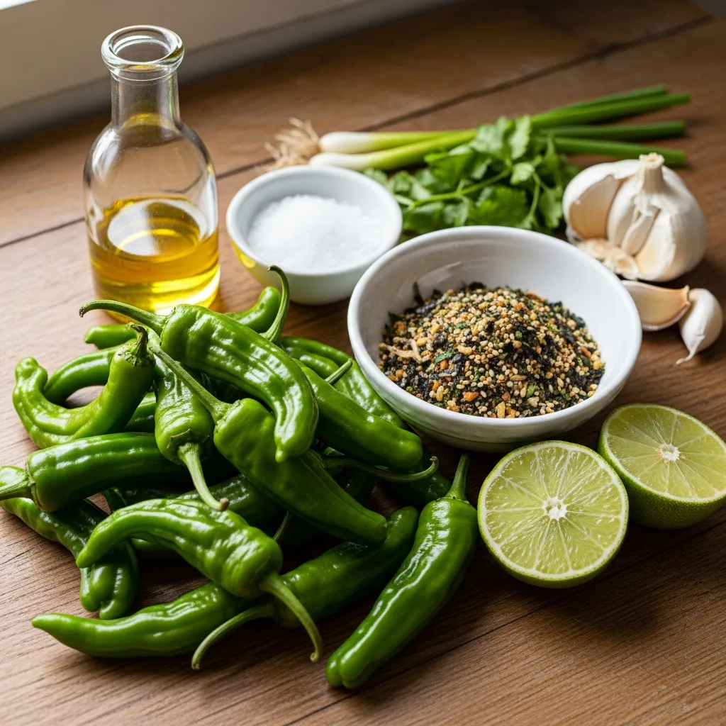 Ingredients for Blistered Shishito Peppers with Furikake & Lime
