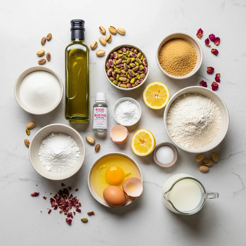 Ingredients for Pistachio and Olive Oil Cake with Rose Water Glaze
