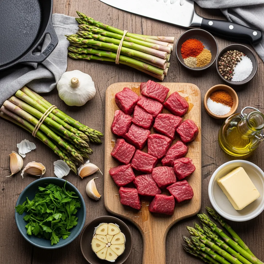 Ingredients for Skillet Steak Bites with Garlic Butter and Asparagus