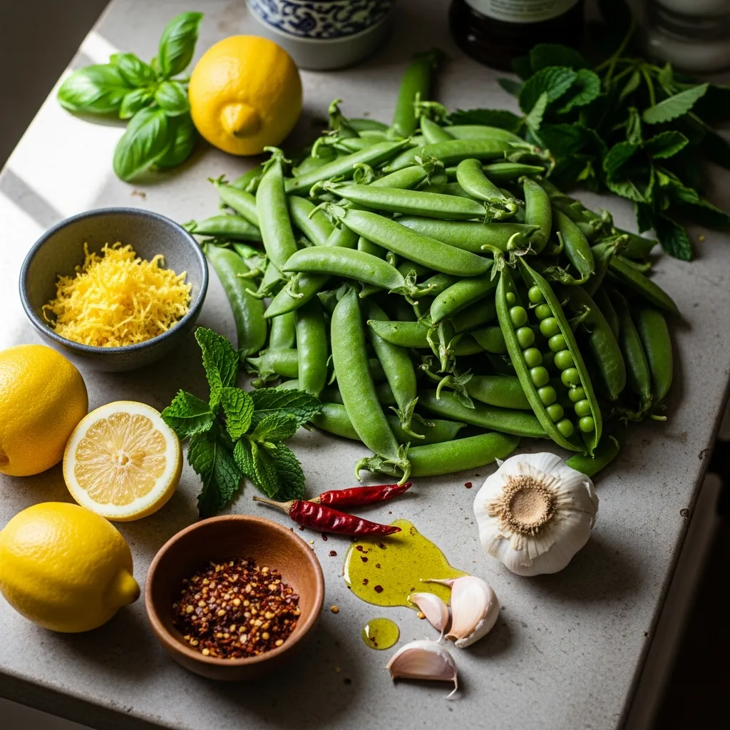 Ingredients for Piselli Sugar Snap Bruciacchiati con Scorza di Limone e Peperoncino