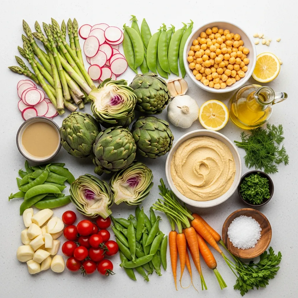 Ingredients for Artichoke Hummus with Spring Veggie CruditÃ©