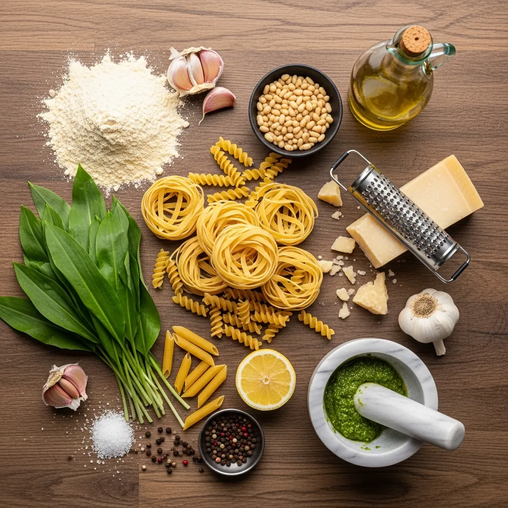 Ingredients for High-Fiber Cassava Pasta with Wild Garlic Pesto
