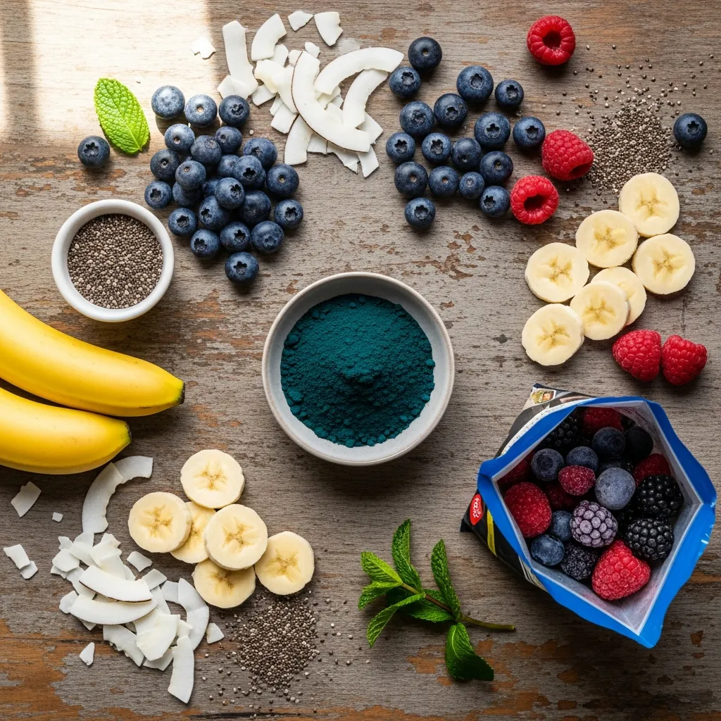 Ingredients for Cool Blue Spirulina Smoothie Bowl