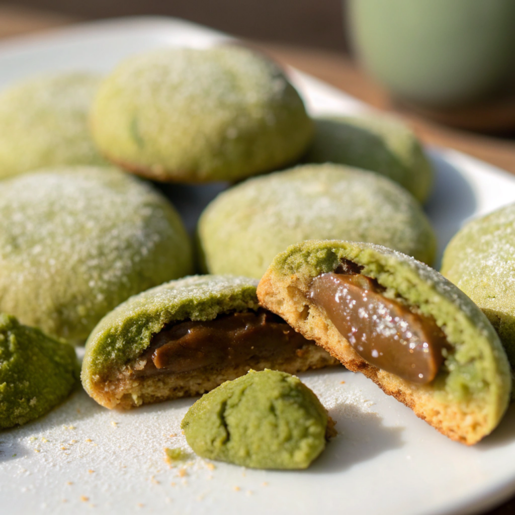 Mochi-Stuffed Matcha Peanut Butter Cookies